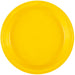 Bright yellow round plastic plate with a slightly raised rim, shown from above against a white background.