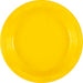 Bright yellow disposable plastic plate with a shallow rim and smooth finish, shown from above against a white background.