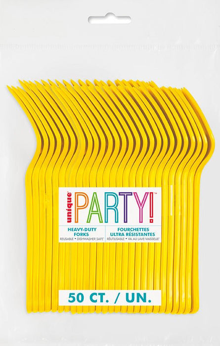 A package of 50 yellow heavy-duty forks arranged in a fanned display pattern against a white background with colorful "Party" branding and product details visible on the label.