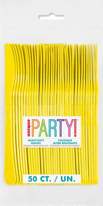 Package of 50 bright yellow plastic knives with ribbed handles, displayed fanned out against a white background with colorful "Party!" branding and text indicating they are reusable and ultra-resistant.