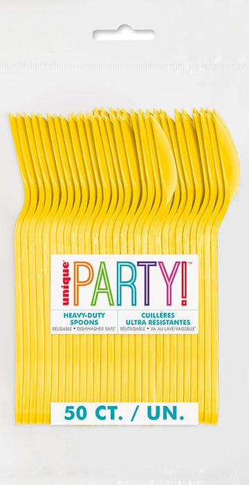 A package of 50 bright yellow heavy-duty plastic spoons arranged in a fanned display, with colorful "Party!" branding and bilingual labeling visible on the white center band.