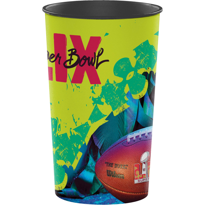 Bright lime green plastic cup featuring large red "LIX" text, dynamic blue and teal splatter design, a football image, and Super Bowl branding.