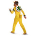 Child wearing a yellow jumpsuit Bowser costume with a green spiked shell backpiece, crown headpiece, and spiked gloves.