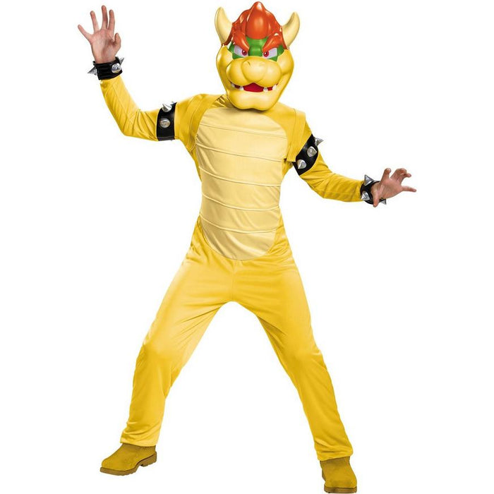 Child's yellow Bowser costume featuring a large character head mask with red horns and green accents, matching yellow bodysuit with cream-colored chest panel, black studded wristbands, and yellow boots.