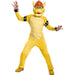 Child's yellow Bowser costume featuring a large character head mask with red horns and green accents, matching yellow bodysuit with cream-colored chest panel, black studded wristbands, and yellow boots.