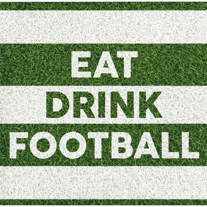 White beverage napkins with green and white horizontal stripes and "EAT DRINK FOOTBALL" text printed in white letters.