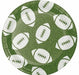 Green paper plates with white football designs and stitching details arranged in a repeating pattern across the surface.