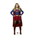 Life-sized cardboard standup figure of a woman wearing a blue long-sleeved superhero costume with red "S" shield, red skirt, gold belt, red cape, and burgundy boots, posed with hands on hips against a white background.