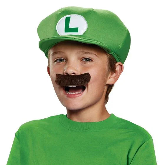 Child wearing a green cap with white L logo and attached brown mustache costume accessory set.