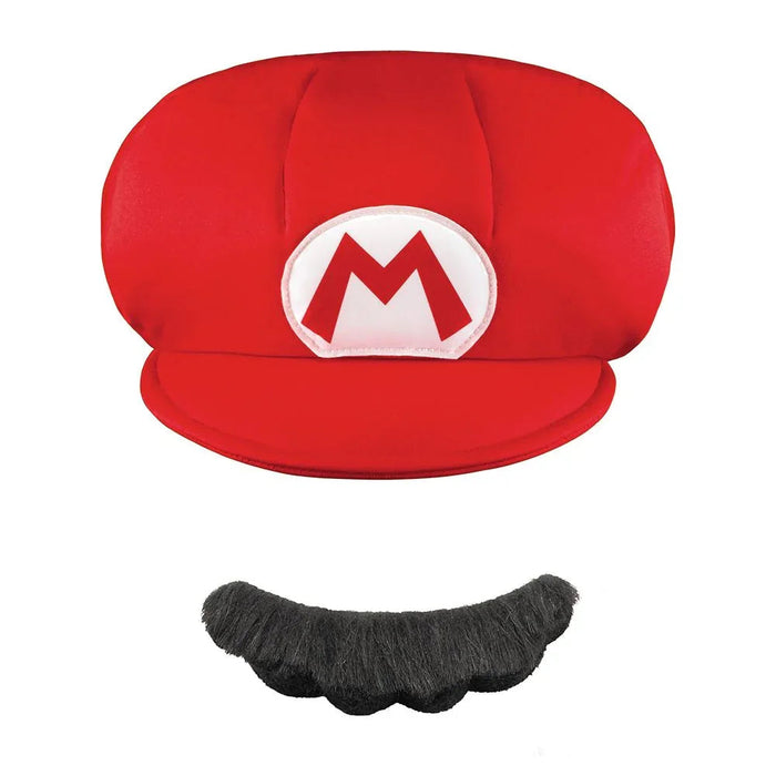 Red plush cap with white circular patch featuring red M logo and detachable black fuzzy mustache costume accessory set.