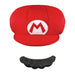 Red plush cap with white circular patch featuring red M logo and detachable black fuzzy mustache costume accessory set.
