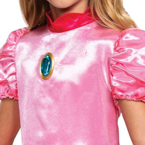 Pink velvet princess costume with puffed sleeves, red high collar, and a blue jeweled oval brooch on the chest.