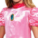 Pink velvet princess costume with puffed sleeves, red high collar, and a blue jeweled oval brooch on the chest.