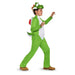 Child wearing a bright green Yoshi dinosaur costume with white belly, red shell backpack, green hood with brown horns, and brown shoes.