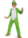 Child wearing a bright green Yoshi costume with white belly panel, matching green hood with character face design, and brown shoe covers.