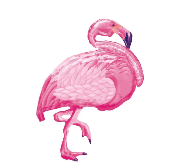 Bright pink mylar balloon shaped like a flamingo with detailed feather texturing, standing pose with curved neck and long legs.