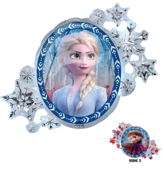 Blue and silver oval mylar balloon featuring Elsa from Frozen 2 with decorative snowflakes, plus a smaller Anna balloon shown on the reverse side.