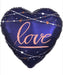 Navy blue heart-shaped mylar balloon with coral "love" text and decorative white and gold dotted line pattern with small hearts.