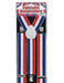 Red, white, and blue striped patriotic suspenders with adjustable white clips displayed on a branded package.