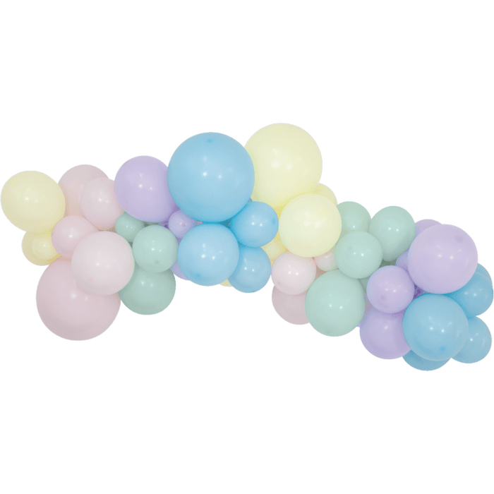 Curved garland arrangement of pastel balloons in cream, pink, lavender, mint green, and light blue in varying sizes.