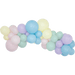 Curved garland arrangement of pastel balloons in cream, pink, lavender, mint green, and light blue in varying sizes.