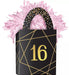 Black gift bag with gold geometric pattern and number 16, topped with pink tissue paper and decorative black handle adorned with gold and white dots.