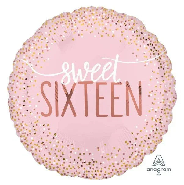 Round pink foil balloon with gold and rose gold confetti pattern and white script text reading "sweet SIXTEEN".