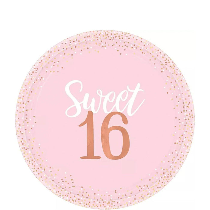 Round pink paper plate with gold glitter border, white "Sweet 16" text, and large copper-colored "16" in the center.