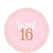 Round pink paper plate with gold glitter border, white "Sweet 16" text, and large copper-colored "16" in the center.