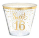 Clear plastic cup with gold "Sweet 16" text and gold confetti pattern around the rim and body.