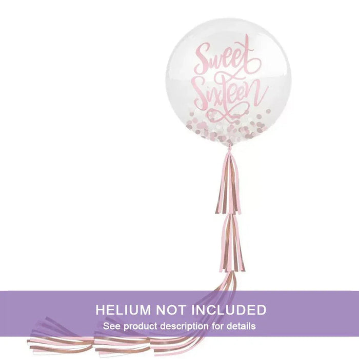 Clear bubble balloon with pink "Sweet Sixteen" script text and confetti inside, featuring two pink ribbon tassel tails, helium not included.