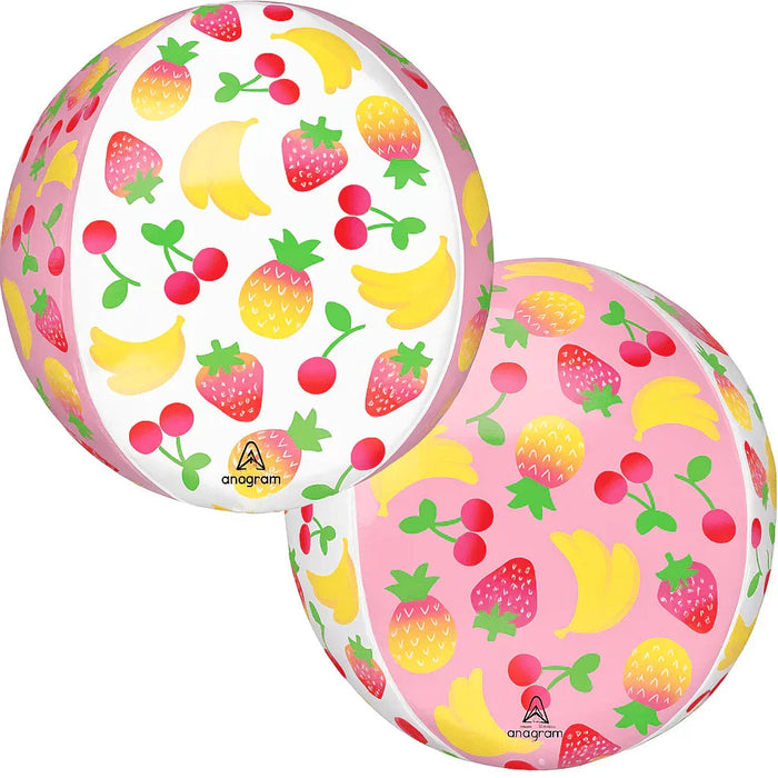 Two large spherical balloons with pink and white panels featuring colorful illustrations of strawberries, bananas, pineapples, and cherries with green leaves throughout.