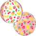 Two large spherical balloons with pink and white panels featuring colorful illustrations of strawberries, bananas, pineapples, and cherries with green leaves throughout.