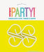 Four white plastic tablecloth clips with curved handles displayed on a bright yellow background with colorful "Party" branding and text above.