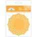 A package of tangerine orange mini paper doilies with intricate white snowflake and geometric cutout patterns arranged in a circular shape against a white background.