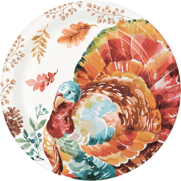Round luncheon plate featuring a watercolor turkey with blue head and red plumage surrounded by autumn leaves and botanical elements in warm orange, red, and gold tones.