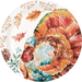 Round luncheon plate featuring a watercolor turkey with blue head and red plumage surrounded by autumn leaves and botanical elements in warm orange, red, and gold tones.