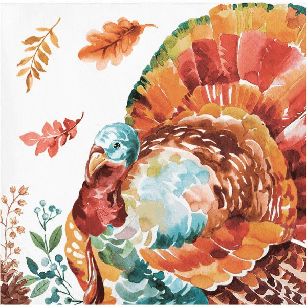 Watercolor illustration of a colorful turkey with autumn foliage and falling leaves on a white background, printed on two-ply beverage napkins.