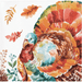 Watercolor illustration of a colorful turkey with autumn foliage and falling leaves on a white background, printed on two-ply beverage napkins.