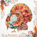 Watercolor illustration of a colorful turkey with red, orange, and gold plumage surrounded by autumn leaves in warm fall tones on a cream background.