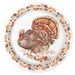 White dinner plate featuring a detailed illustration of a colorful turkey with rust, gold, and brown plumage, surrounded by an autumn leaf and berry border in warm fall tones.