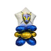 Stacked arrangement of four metallic foil balloons in blue and gold colors with a white star-shaped balloon on top displaying a shield emblem with "TW" lettering.