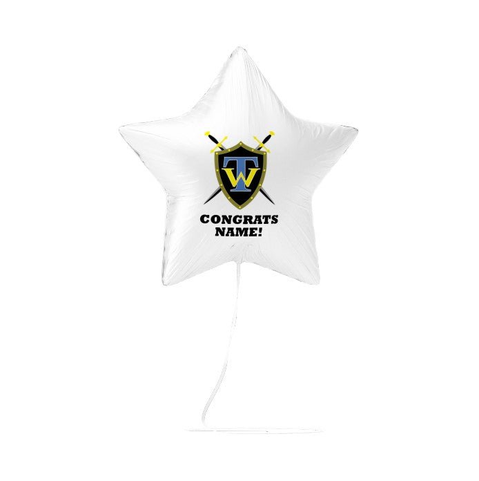 White star-shaped foil balloon with a blue and gold shield logo and crossed swords, labeled "CONGRATS NAME!" in black text.
