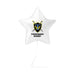 White star-shaped foil balloon with a blue and gold shield logo and crossed swords, labeled "CONGRATS NAME!" in black text.