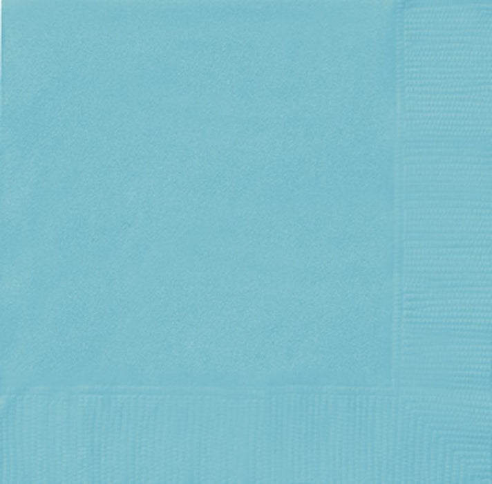 Stack of teal blue beverage napkins with a subtle ribbed texture pattern visible on the folded edges.