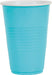 Turquoise plastic cup with textured ridged sides and white rim, shown as a single 16-ounce disposable cup.