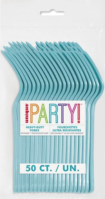Package of 50 heavy-duty reusable teal plastic forks with colorful "PARTY!" text and product details on white label against light background.