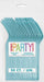 Package of 50 heavy-duty reusable teal plastic forks with colorful "PARTY!" text and product details on white label against light background.