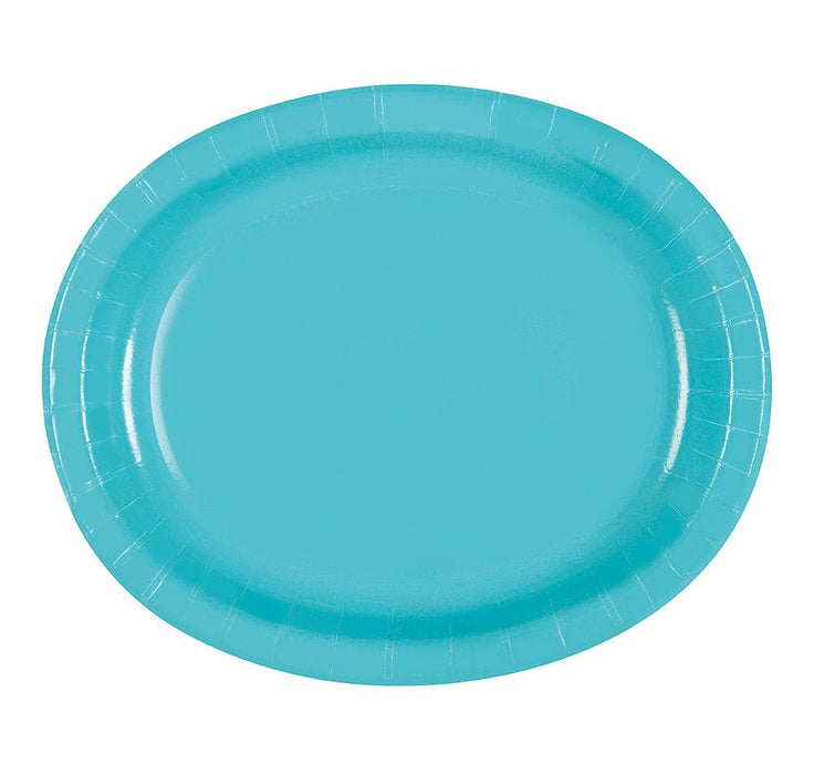 Bright teal oval paper plate with a ribbed border design, shown from above against a white background.