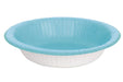Light blue paper bowl with white ribbed base and rolled rim edge, shown from above at an angle.